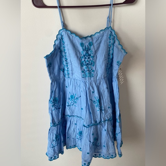 Urban Outfitters UO Blue Hanna flower Embroidered Scalloped Babydoll Mini Dress - Picture 7 of 16